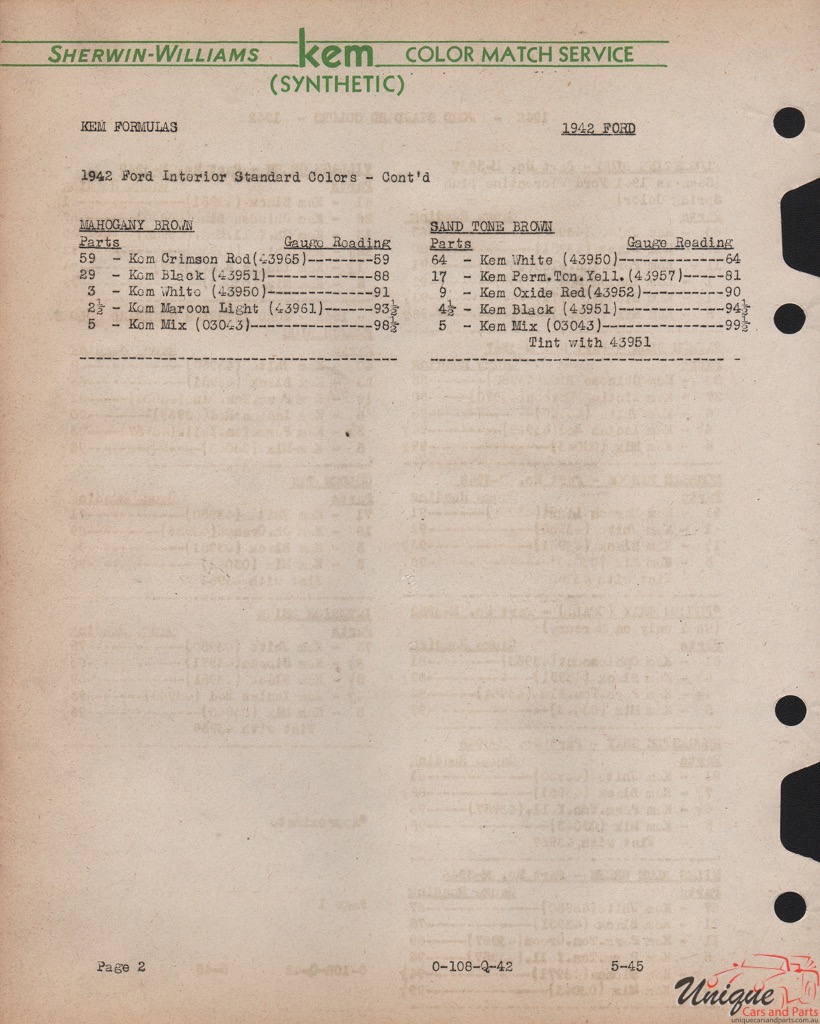 1942 Ford Paint Charts Sherwin-Williams 6